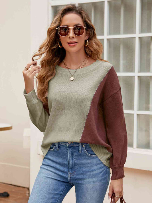 Contrast Round Neck Long Sleeve Knit Top