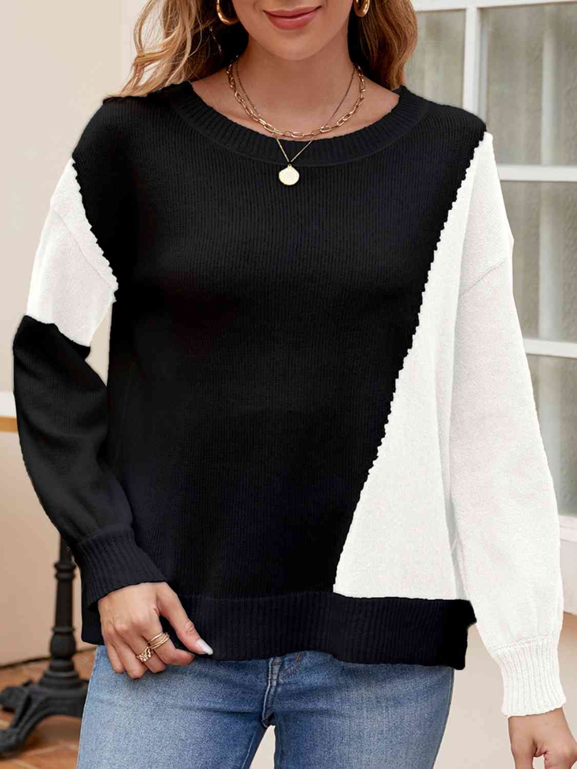 Contrast Round Neck Long Sleeve Knit Top