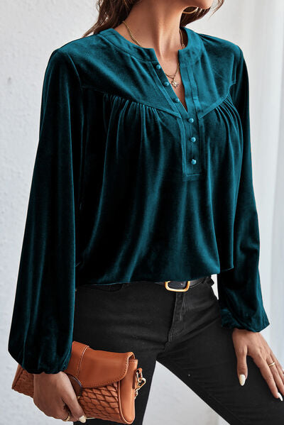 Ruched Decorative Button Notched Blouse