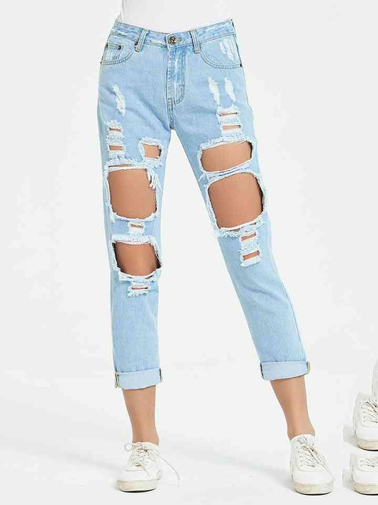 Buttoned Distressed Cropped Jeans